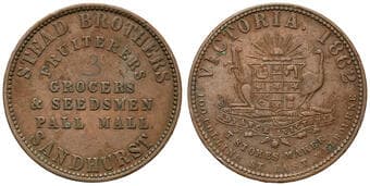 A.251 - Stead Brothers, Sandhurst, VIC, Penny, 1862, aVF Copper penny, size 34mm, by T. Stokes, mid-brown patina with...