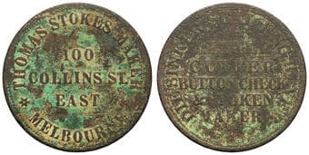 A.257 - Stokes, Thomas, Melbourne, VIC, Penny, VG Copper penny, size 34mm, 12.37g, undated, dark brown, showing...