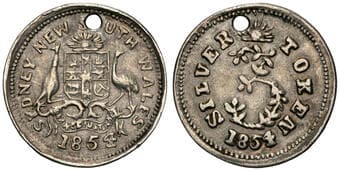 A.279 - Thornthwaite, J.C.,Sydney, NSW, Threepence, 1854, gVF Silver threepence, 16mm, 1.38g, obv. coat of arms, rev....