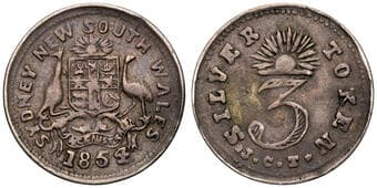 A.280 - Thornthwaite, J. C., Sydney, NSW, Threepence, 1854, gF Silver threepence, 16mm, 1.48mm, rev. rising sun...