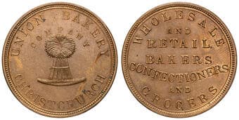 A.288 - Union Bakery, Christchurch, NZ, Penny, UNC Copper penny by Stokes & Martin, 30mm, 8.73g, light brown patina...