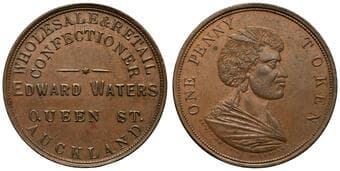 A.301 - Waters, Edward, Auckland, NZ, Penny, EF - gEF Copper penny, size 33.5mm, 13.46g, undated, by Stokes & Martin,...