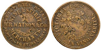 A.302 - Watson, W.R. & Co, Ballarat, VIC, Penny, 1862, aF Copper penny, size 34mm, 13.42g, by T. Stokes, some old...
