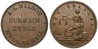 A.313 - Wilson, A.S, Dunedin, NZ, Penny, 1857, EF Copper penny, 34mm, 14.35g, by W.J. Taylor, even glossy medium...