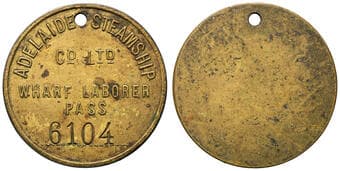 CP. Adelaide Steamship Co Ltd - Wharf Laborer Pass, Late 1800S - Early 1900S, VF Brass uniface Wharf Laborer Pass...