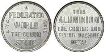 D.85 - E. W. Cole, A Federated World, C. Late 1800S, EF Aluminium token, 39mm, 2mm, 6.40g, obv. A Federated World,...