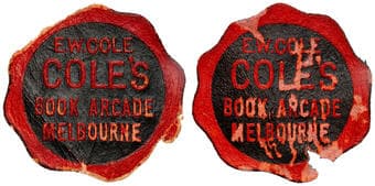 E. W Cole - Labels, C. Late 1800S, F - VF Label in the (irregular) shape of a wax seal, 27mm, red text on black...