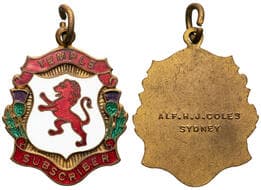 Masonic, Sydney - Temple Subscriber, C.1920S, EF Enamel & gilt masonic fob medal in the form of a shield, 23 x 29mm,...