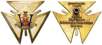 The Fifth National Industrial Exhibition, Osaka (Owned & Worn by E. W. Cole), 1903, VF Enamel & gilt badge in...