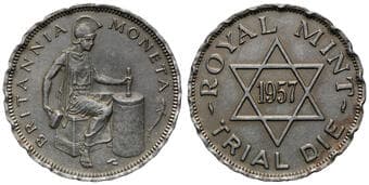 Great Britain, Trial Die, 1957, UNC Nickel trial die token, 24mm, 5.14g, obv. Britannia seated with hammer striking...