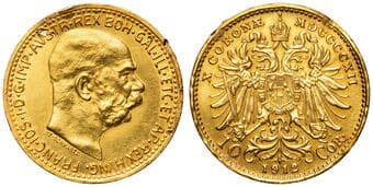 Austria, Francis Joseph I, Ten Kronen, 1912 (Restrike), aEF Gold ten crowns, .900, 3.38g, showing reverse bent rim at...