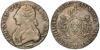 France, Louis XVI, One Ecu, 1782, aF Silver one ecu, .917, 24.05g, 39mm, rubbed, about fine, (KM.572). Estimate: 120...