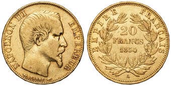 France, Napoleon III, Twenty Francs, 1854-A, VF - gVF Gold twenty francs, .900, 6.42g, Monnaie de Paris mint,...