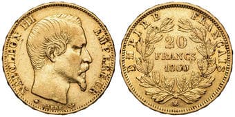 France, Napoleon III, Twenty Francs, 1860-BB, gVF Gold twenty francs, .900, 6.42g, Strasbourg mint, with anchor & fly...