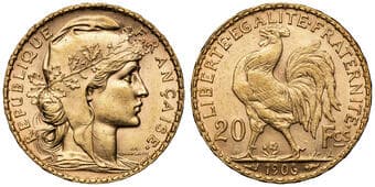 France, Republic, Rooster, Twenty Francs, 1906, gEF - aUNC Gold twenty francs, .900, 6.44g, by J.C. Chaplain,...