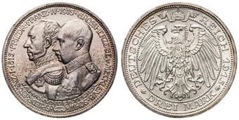 Germany, 100th Anniversary of the Grand Duchy of Mecklenburg-Schwerin, Three Mark, 1915-A, UNC Silver three marks,...