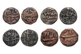 India, Lot of 4 coins,
a) Mughal Empire, Akbar(c. 1556-1605CE), Copper Dam, 19.70grms, AH987, Minted at Hazrat...