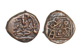 India, Madurai Nayakas, Queen Mangamma(c. 1690-1731CE), Copper Unit, 1.90grms, Obv. Seated Lakshmi in padmasana front...