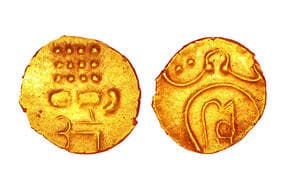 India, Marathas of Thanjavore, Venkoji (1674-1686 AD), Gold Fanam, 0.40grms, Obv. Lion to the right with the crescent...