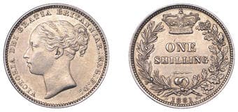 The Gary Oddie Collection of English Regal Shillings
Victoria (1837-1901), Shilling, 1881, shorter line below mark...