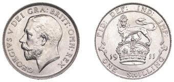 The Gary Oddie Collection of English Regal Shillings
George V (1910-1936), Shilling, 1911, hollow neck, 5.67g/12h...