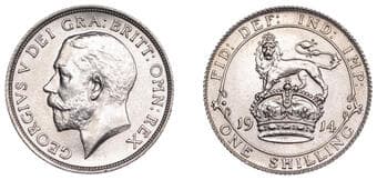 The Gary Oddie Collection of English Regal Shillings
George V (1910-1936), Shilling, 1914, 5.65g/12h (ESC 3803; S...