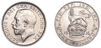 The Gary Oddie Collection of English Regal Shillings
George V (1910-1936), Shilling, 1916, 5.69g/12h (ESC 3805; S...