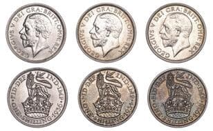 The Gary Oddie Collection of English Regal Shillings
George V (1910-1936), Shillings (3), 1934, 5.67g/12h (ESC 3847;...