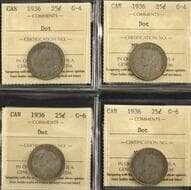 1936 25¢ "Dot" ICCS G-4 to G-6 - Lot of 4 coins. Estimate: 75 - AND UP CAD