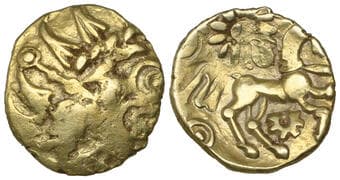 Ancient British, Atrebates and Regini, gold quarter stater, Bognor cogwheel type, abstract wreathed head, rev.,...