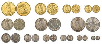 Victoria, Jubilee, 1887, specimen set of 9 currency coins, comprising gold five-pounds, two-pounds, sovereign and...
