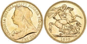 g Victoria, old head, two-pounds, 1893, mint state, with much original lustre, rare thus; in NGC holder graded MS 64 ...