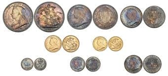 Victoria, old head, 1893, specimen set of currency coins, comprising gold sovereign and half-sovereign, silver crown...