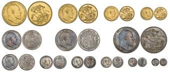 Edward VII, Coronation, 1902, matt proof set of 13 coins, comprising gold five-pounds, two-pounds, sovereign and...