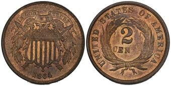 U.S.A., 2 cents, 1864, large motto, mint state, with much original lustre, in NGC holder graded MS 64 RB Estimate: 200...