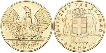 g Greece, Constantine II (1964-1973), commemorative 100 drachmai, 21 April 1967, struck in 1970 (KM 95; Karamitsos...