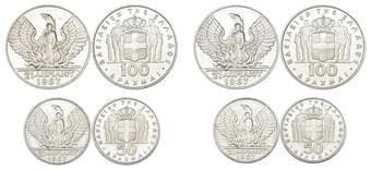 Greece, Constantine II (1964-1973), 21 April 1967 commemorative silver 100 drachmai (2) and silver 50 drachmai (2),...