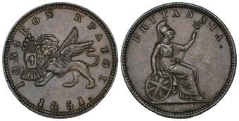 Ionian Islands, Victoria (1837-1901), 1 lepton, 1851. (KM 34; Karamitsos I.23), in NGC holder graded MS 61 BN ...