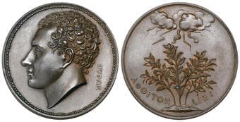Lord Byron, 1824, bronze medal by A.J. Stothard, bust left, rev., three bay trees struck by lightning from a cloud...