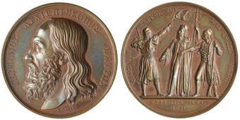 Greece, Germanos, Archbishop of Patras, 25 March 1821, bronze medal by K. Lange, bust left, rev., Archbishop holding...