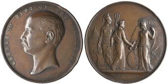 Greece, George I, 1880, bronze medal by G.G. Adams, commemorating his visit to London, bust left, rev., Londonia and...