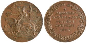 Olympic Games participation medal, 1896, in bronze by N. Lytras and W. Pittner, Nike seated, crowning a rising phoenix,...