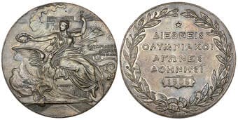 Olympic Games participation medal, 1906, in silvered bronze by N. Lytras and W. Pittner, Nike seated, crowning a rising...