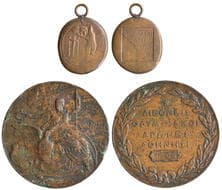 Olympic Games participation medal, 1906, in bronze by N. Lytras and W. Pittner, Nike seated, crowning a rising phoenix,...