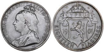Cyprus, Victoria (1837-1901), 18 piastres, 1901 (KM 7; Fitikides 43), good very fine with traces of mounting on reverse...