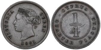 Cyprus, Victoria (1837-1901), 1/4 piastre, 1881 (KM 1.1; Fitikides 5), in NGC holder graded AU 55 BN Estimate: 150 -...