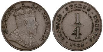Cyprus, Edward VII (1901-1910), 1/4 piastre, 1905 (KM 8; Fitikides 45), in NGC holder graded AU 58 BN Estimate: 150 -...