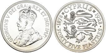 Cyprus, George V (1910-1936), proof 45 piastres, 1928 (KM 19; Fitikides 68), in NGC holder graded PF 61 Estimate: 800...