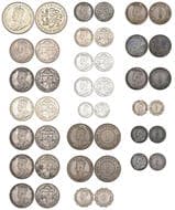 Cyprus, George V (1910-1936), 45 piastres, 1928; 18 piastres, 1921 (6); 9 piastres, 1913, 1919, 1921 (2); 4 1/2...