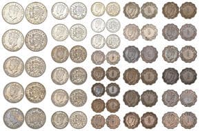Cyprus, George VI (1937-1952), 18 piastres, 1938, 1940; two shillings, 1947, 1949 (2); 9 piastres, 1938, 1940;...